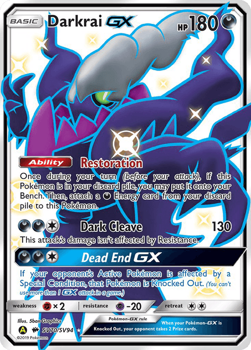A Darkrai GX (SV70/SV94) [Sun & Moon: Hidden Fates - Shiny Vault] Pokémon card, part of the Ultra Rare Shiny Vault from Sun & Moon: Hidden Fates, features a dark, shadowy creature with piercing blue and pink accents against a purple and black backdrop. The card has 180 HP and abilities: "Restoration," "Dark Cleave," and "Dead End GX." Weakness, resistance, and retreat cost are at the bottom.