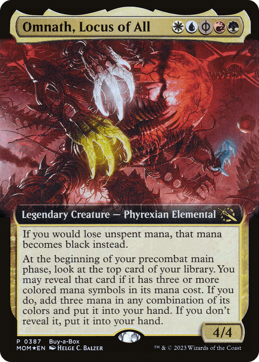 A Magic: The Gathering card titled "Omnath, Locus of All (Buy-A-Box) [March of the Machine]." The gold border marks it as a legendary creature. The artwork displays a Phyrexian Elemental with a dark, ominous appearance and glowing energy. Text details its abilities, and it has a power/toughness of 4/4.