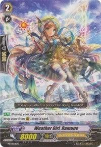 A colorful trading card featuring "Weather Girl, Ramune (PR/0154EN) [Promo Cards]." The whimsical girl, dressed in colorful attire and accessories, stands amidst vibrant weather effects like rainbows and clouds. The card text details her abilities and stats: Power 8000, Grade 2. Part of the Oracle Think Tank collection from United Sanctuary by Bushiroad.