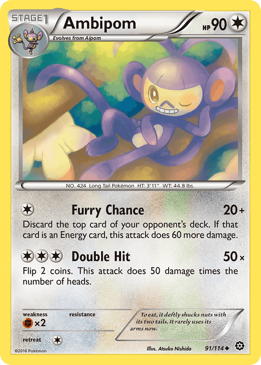 A Pokémon product featuring Ambipom (91/114) [XY: Steam Siege], a Stage 1 that evolves from Aipom. Featured in the Steam Siege set, this Uncommon card showcases Ambipom, a purple monkey-like creature with twin tails. It has 90 HP and moves like Furry Chance and Double Hit. The colorful swirl background complements its number, 91/114.