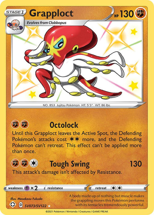 A Pokémon Grapploct (SV073/SV122) [Sword & Shield: Shining Fates] trading card from the Shining Fates series. Grapploct is depicted as a red and yellow octopus-like creature with multiple tentacles and white gloves. It has 130 HP. The card, part of the Sword & Shield set, includes moves "Octolock" and "Tough Swing." Additional text and energy symbols are visible on this Ultra Rare card.