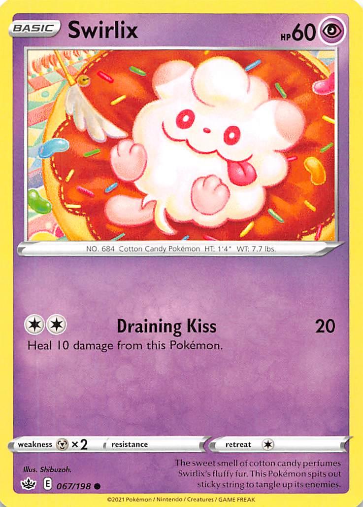 A Pokémon card from the Swirlix (067/198) [Sword & Shield: Chilling Reign] set featuring Swirlix, a Cotton Candy Pokémon. Its illustration shows a fluffy pink creature with a big smile, sitting on a brightly colored donut. The card has 60 HP and features the move 