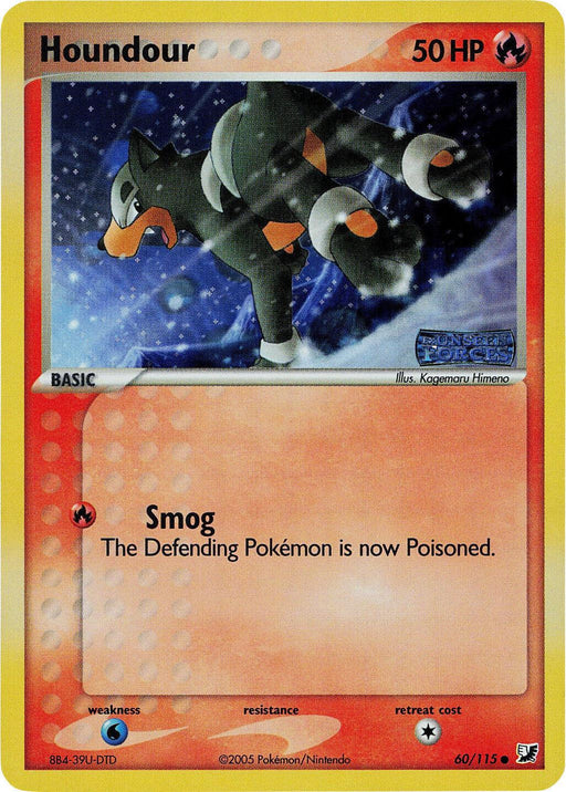 A Pokémon Houndour (60/115) (Stamped) [EX: Unseen Forces] trading card from the Unseen Forces series featuring Houndour, a black and orange dog-like creature, with 50 HP. Houndour stands on a snowy landscape with snowflakes falling. The orange Common card includes the Fire move "Smog," which poisons the defending Pokémon. Illustrated by Kagemaru Himeno. Numbered 60/115.