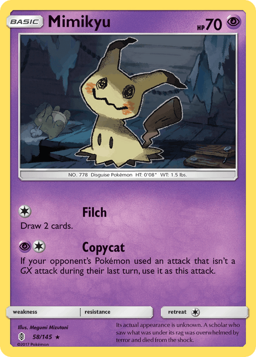 A Holo Rare Pokémon card, Mimikyu (58/145) [Sun & Moon: Guardians Rising] from Pokémon, featuring Mimikyu with 70 HP. Mimikyu is surrounded by spooky dark scenery. The card details two moves: Filch (draw 2 cards) and Copycat (mimic a non-GX attack used by the opponent's Pokémon last turn). Includes its weight, height, resistance, and retreat cost information.