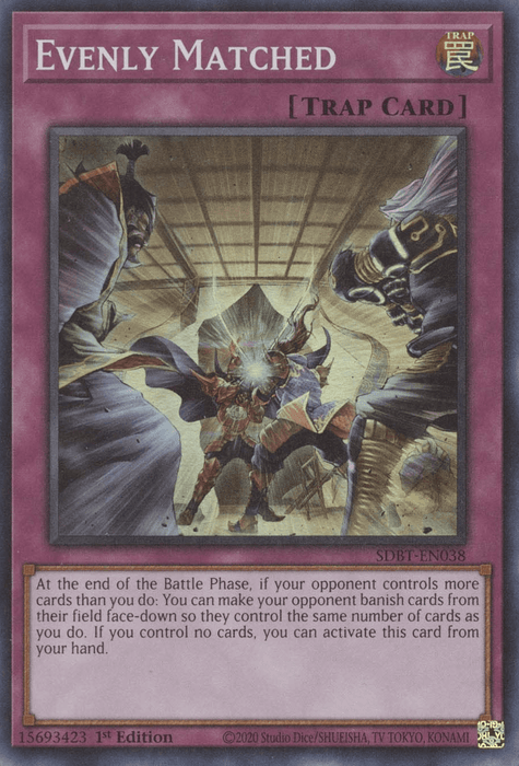 A Yu-Gi-Oh! trading card titled "Evenly Matched [SDBT-EN038] Super Rare," featured as a Super Rare in the Traptrix Structure Deck, with "TRAP CARD" in the top right corner. The illustration showcases a warrior splitting into two halves, a bright light shining from behind and debris flying around. The card's description and attributes are specified at the bottom.