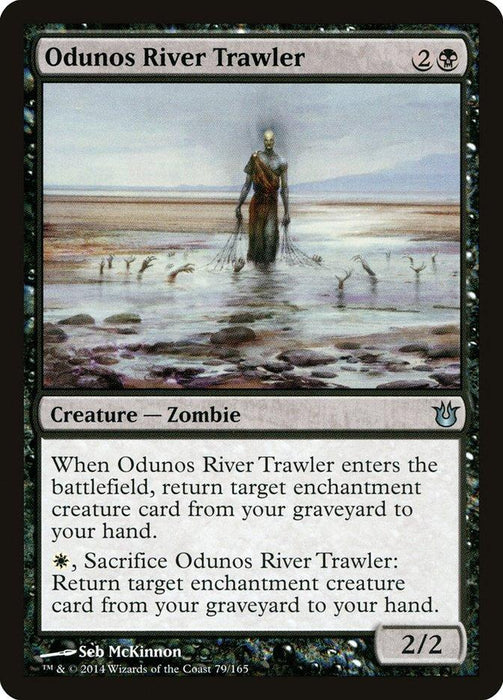 A Magic: The Gathering card titled **Odunos River Trawler [Born of the Gods]** features an eerie illustration of a zombie emerging from a river, surrounded by skeletal hands reaching out of the water. This 2B card, with a power and toughness of 2/2, has abilities returning enchantment creatures from the graveyard.