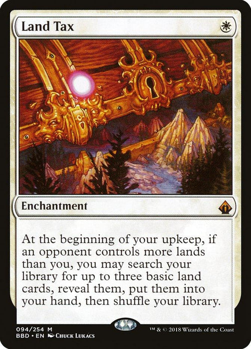 A Mythic Magic: The Gathering card named "Land Tax [Battlebond]" features a golden archway with a shining pink gem, set against a mountain range backdrop. This Enchantment's text reads: "At the beginning of your upkeep, if an opponent controls more lands than you, you may search your library for up to three basic land cards, reveal them, put them into your hand, then shuffle.