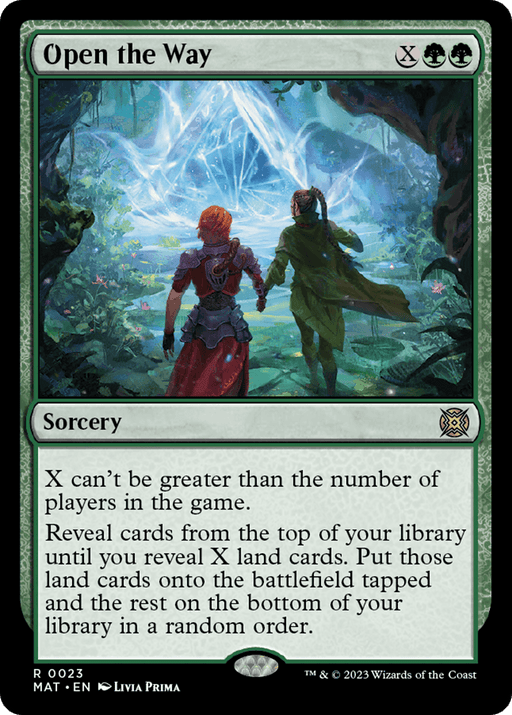 A Magic: The Gathering card titled "Open the Way [March of the Machine: The Aftermath]," part of the March of the Machine: The Aftermath set. It depicts two figures standing before a mystical portal in a forest. This rare green sorcery's effect reveals and places land cards onto the battlefield.