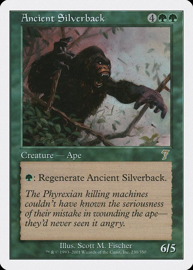 An Ancient Silverback [Seventh Edition] trading card from Magic: The Gathering, featuring a green border, showcases a fierce Creature Ape roaring and navigating through a jungle. The card requires a casting cost of 4 generic and 2 green mana, with a power/toughness rating of 6/5. This creature has the ability to regenerate, accompanied by the flavor text: 