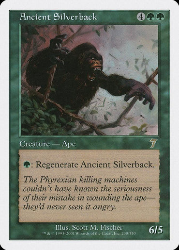 An Ancient Silverback [Seventh Edition] trading card from Magic: The Gathering, featuring a green border, showcases a fierce Creature Ape roaring and navigating through a jungle. The card requires a casting cost of 4 generic and 2 green mana, with a power/toughness rating of 6/5. This creature has the ability to regenerate, accompanied by the flavor text: "The Phyrexian killing machines couldn't have known the seriousness of.