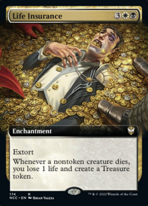 An illustrated Magic: The Gathering card named "Life Insurance (Extended Art)" from the Streets of New Capenna Commander set. It is an enchantment card with Extort, costing 3B/WB/W. The art shows someone in formal attire atop a pile of gold coins, some spilling over him. Its ability reads: "Whenever a nontoken creature dies, you lose 1 life and create a