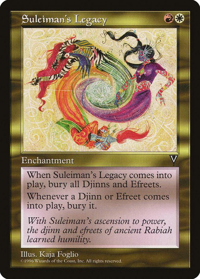 Suleiman's Legacy [Visions] is a Magic: The Gathering card illustrated by Kaja Foglio, showcasing a swirling, colorful dragon against a golden patterned background. With hues of green, yellow, blue, red, and purple, the card details its abilities and flavor text related to Efreets and Djinns.