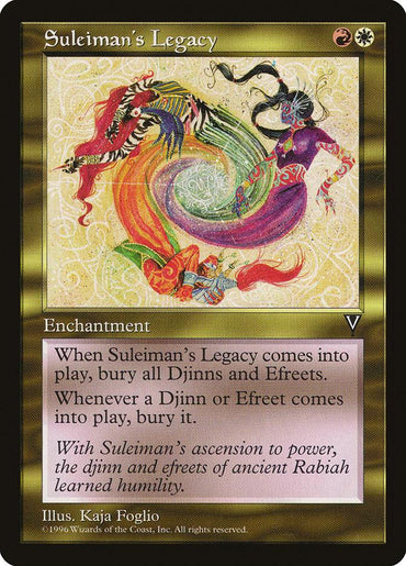 Suleiman's Legacy [Visions] is a Magic: The Gathering card illustrated by Kaja Foglio, showcasing a swirling, colorful dragon against a golden patterned background. With hues of green, yellow, blue, red, and purple, the card details its abilities and flavor text related to Efreets and Djinns.