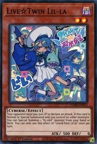 A "Yu-Gi-Oh!" trading card features the character Live Twin Lil-la [GEIM-EN014] Super Rare, a blue-haired girl in a stylish outfit accompanied by colorful art and symbols. This Genesis Impact card details her cyberse effect monster abilities, summoning conditions, attack (500), and defense (0) points. "1st Edition" is noted at the card's bottom.