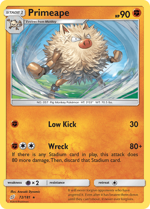 A rare Pokémon trading card featuring Primeape, a furry pig-monkey Pokémon standing on its hind legs with fists clenched and angry eyes. The card boasts 90 HP and includes two moves: Low Kick (30 damage) and Wreck (80+ damage). Notably, Primeape evolves from Mankey and has a retreat cost of one energy. This specific product is the Primeape (72/181) [Sun & Moon: Team Up], part of the Pokémon brand.