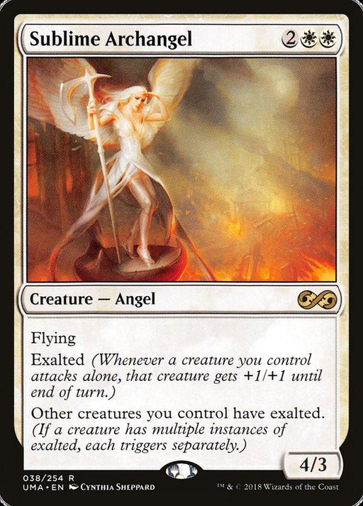 Magic: The Gathering card titled "Sublime Archangel [Ultimate Masters]" from Magic: The Gathering. It shows a flying Creature — Angel wielding a glowing spear, surrounded by radiant light. The card costs 2 white and 2 generic mana, has 4 power and 3 toughness, includes Exalted, and grants Exalted to other creatures you control.