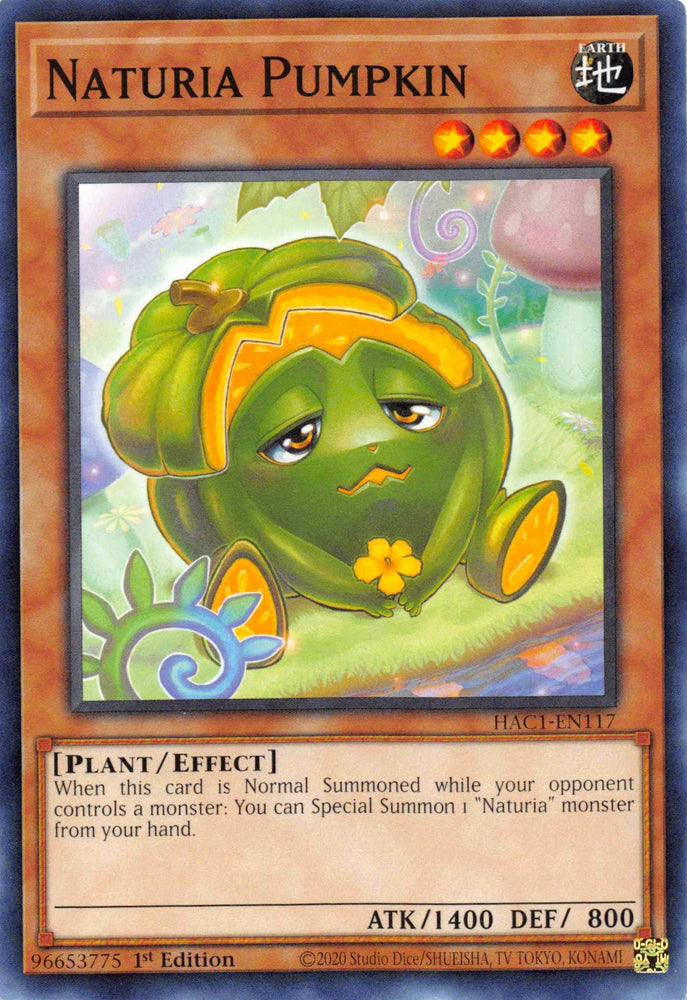 The image depicts the Yu-Gi-Oh! card "Naturia Pumpkin (Duel Terminal) [HAC1-EN117] Parallel Rare," a Level 4 EARTH Plant/Effect Monster with 1400 ATK and 800 DEF. Featuring a green pumpkin character with a plant sprouting from its stem, it allows summoning another Naturia monster from the hand. The card, HAC1-EN117, is part of Hidden Arsenal: Chapter.