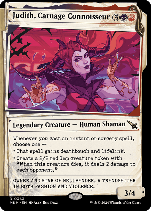 A Magic: The Gathering card titled "Judith, Carnage Connoisseur (Showcase) [Murders at Karlov Manor]," a Legendary Creature and Human Shaman from the Murders at Karlov Manor set. The card features artwork of Judith, a female character with purple skin, horned headgear, and a confident expression. It costs 3BR to play and has a power and toughness of 3/4. Text describes her