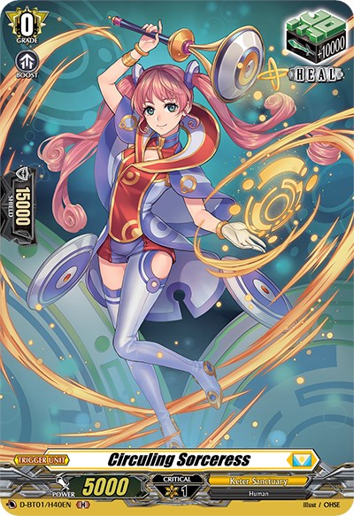 Here is a revised version of the sentence incorporating the given product data:

From Bushiroad's "Genesis of the Five Greats," the Circuling Sorceress (D-BT01/H40EN) card showcases a young, pink-haired sorceress adorned in a colorful outfit, wielding a staff that radiates magical energy. The card, enhanced with Holo effects, features stats including a power of 5000 and critical value of 1. It also displays icons for "Heal" and "Grade 0.