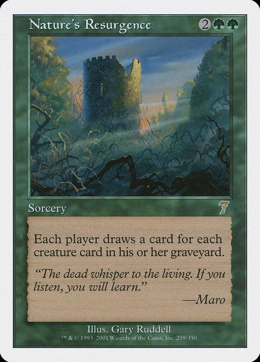 Nature's Resurgence [Seventh Edition] Magic: The Gathering card. Art depicts a foggy, overgrown forest with tall trees and a vine-covered stone tower. Card text reads: "Each player draws a card for each creature card in their graveyard." Flavor text: "The dead whisper to the living. If you listen, you will learn.