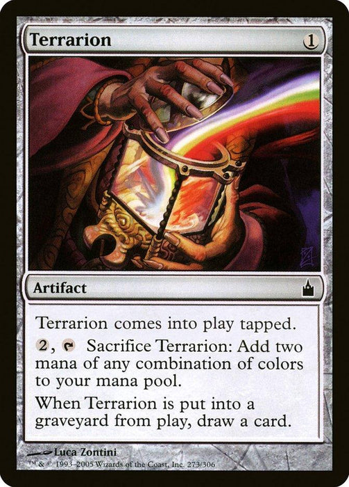 A Magic: The Gathering card named Terrarion [Ravnica: City of Guilds]. It features artwork of hands holding a glass container emitting a rainbow of light. This Artifact enters play tapped, can be sacrificed for mana of any color, and draws a card when put into a graveyard.
