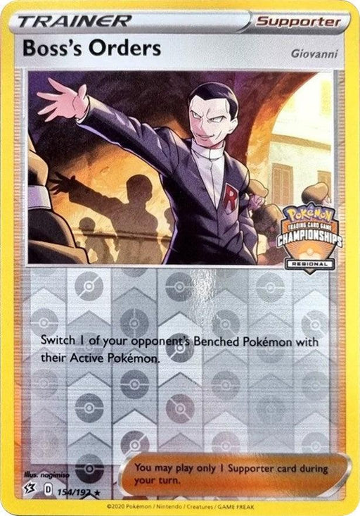 A Pokémon Trainer card titled "Boss's Orders (154/192) (Giovanni) (Regional Championship Promo) [Sword & Shield: Rebel Clash]" from the Rebel Clash set, featuring Giovanni, is shown. Giovanni stands in a commanding pose, pointing forward with a stern expression. The card text reads: "Switch 1 of your opponent's Benched Pokémon with their Active Pokémon." It's numbered 154/192 in the Sword & Shield series.