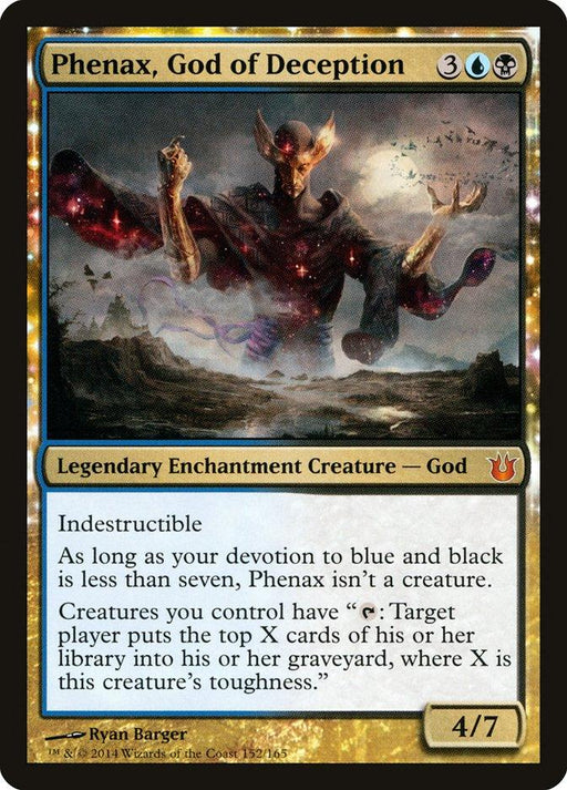 The image shows a Magic: The Gathering card named "Phenax, God of Deception [Born of the Gods]." This Legendary Enchantment Creature features a dark, mystical figure with a sinister appearance, emitting an aura of shadows and magical energy. The card details its abilities, costs, and attributes, including indestructibility and synergy with blue and black devotion. Defined