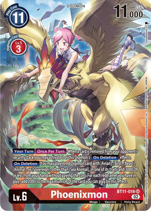 A Digimon Phoenixmon [BT11-016] (Alternate Art) [Dimensional Phase] card featuring Phoenixmon from the Dimensional Phase set. It has a play cost of 11 and a DP of 11000. This level 6 card, with Lv. 5 and Play Cost 3 requirements, depicts Phoenixmon, a Mega, Vaccine, and Holy Beast type Digimon, alongside a pink-haired rider. Card text details its gameplay effects and abilities.