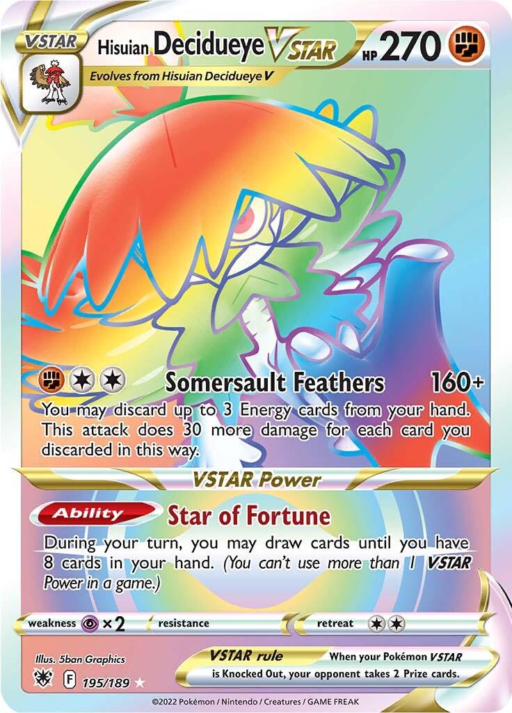 The Hisuian Decidueye VSTAR card from the Pokémon brand's Astral Radiance series features a striking design with red and green highlights. Boasting 270 HP, it includes moves such as 