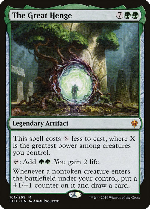 A Magic: The Gathering card titled "The Great Henge [Throne of Eldraine]," a mythic Legendary Artifact from Throne of Eldraine, it has a casting cost of 7 generic and 2 green mana. With a green border, its artwork showcases a large, glowing stone structure in a forest. The card text details its powerful abilities and effects.