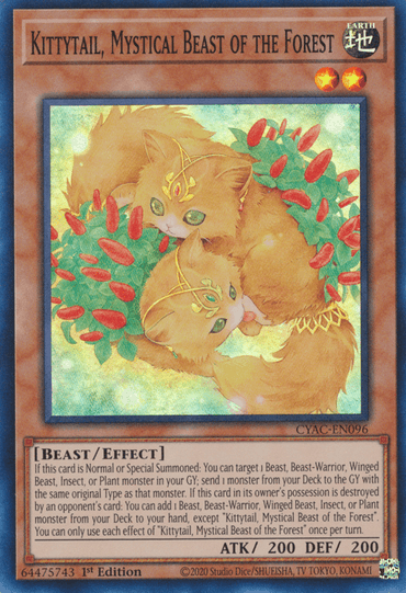 A Yu-Gi-Oh! card named "Kittytail, Mystical Beast of the Forest [CYAC-EN096] Super Rare," features two mystical, green-eyed kittens intertwined, surrounded by red berries and green foliage. This Super Rare Effect Monster from the Cyberstorm Access set has an attack of 200, a defense of 200, and is marked with set number CYAC-EN096 as a 1st Edition card.