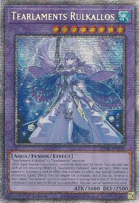 A Yu-Gi-Oh! trading card titled "Tearlaments Rulkallos [DABL-EN039] Starlight Rare" proudly displays a humanoid, aquatic figure with long, flowing hair and ornate armor. This Starlight Rare Fusion/Effect Monster boasts stunning attributes, including ATK/3000 and DEF/2500.