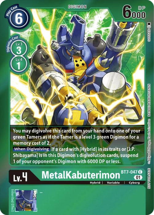 A Digimon card featuring MetalKabuterimon [BT7-047] (Event Pack 3) [Next Adventure Promos]. The blue and yellow armored Hybrid Digimon showcases intricate mechanical parts, surrounded by electricity. This level 4 card has a play cost of 6 and 6000 DP, with text and game details included, along with set number BT7-047 C.