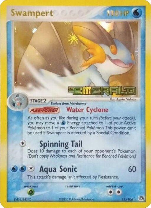 A Pokémon trading card featuring Swampert (11/106) (Stamped) [EX: Emerald] with 110 HP from the "EX Emerald" series. This Water type Pokémon, a large blue and orange creature, is shown roaring surrounded by water. The Holo Rare card text details its abilities: Water Cyclone, Spinning Tail, and Aqua Sonic. It's numbered 11/106.
