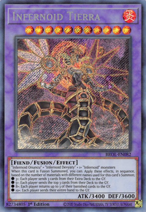 A Yu-Gi-Oh! trading card titled "Infernoid Tierra [BROL-EN082] Secret Rare." It is a Secret Rare Fiend/Fusion/Effect monster card. The artwork shows a serpentine creature with multiple segments and clawed appendages. The card text describes its summoning and effects, and it has 3400 ATK and 3600 DEF. The card's edition and other details are at the