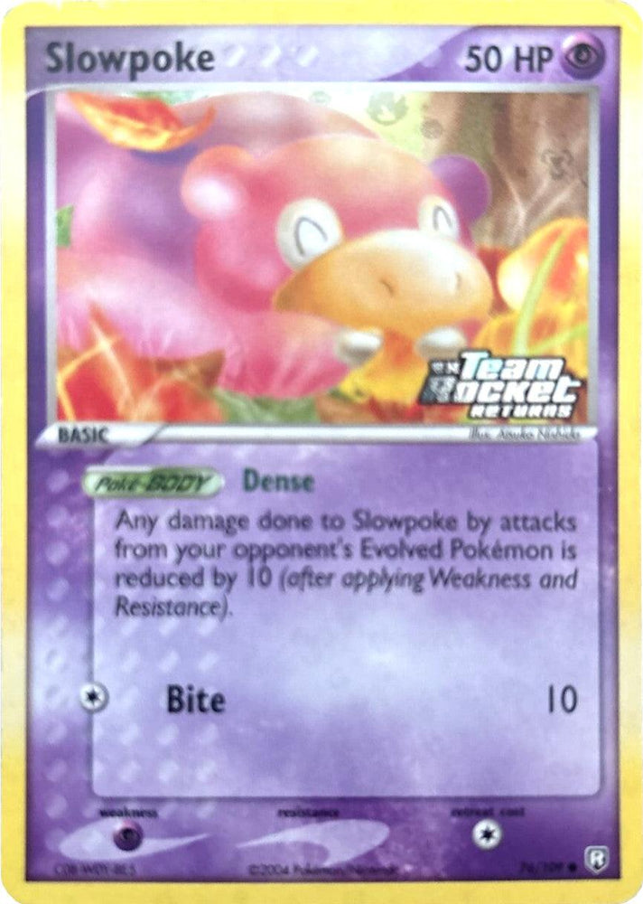 The Pokémon trading card, "Slowpoke (76/109) (Stamped) [EX: Team Rocket Returns]," showcases a common Psychic-type Slowpoke with 50 HP. It features the Poké-BODY ability "Dense," which reduces damage from evolved Pokémon by 10, and includes an attack called "Bite" that inflicts 10 damage.