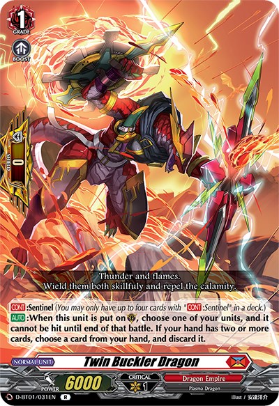 A dynamic trading card image titled "Twin Buckler Dragon (D-BT01/031EN) [Genesis of the Five Greats]" from Bushiroad. This rare card showcases a fierce red and black dragon wielding vibrant golden blades, surrounded by flames and electricity. The card text describes its abilities and stats, including grade 1, power 6000, and one critical point from the Genesis of the Five Greats series.