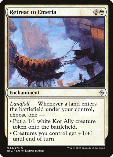 The image shows the Magic: The Gathering card "Retreat to Emeria [Battle for Zendikar]." This enchantment card requires 3 mana and one white mana to cast. Its artwork features a cliffside village. The card includes the Landfall ability, which lets players either create a 1/1 white Kor Ally creature token or give creatures +1/+1 until end of turn when a land enters the battlefield under their control.