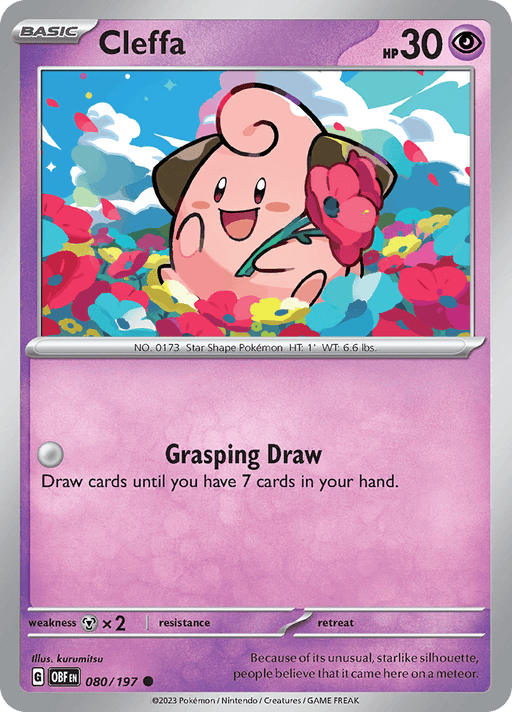 A Cleffa (080/197) [Scarlet & Violet: Obsidian Flames] Pokémon card from the Pokémon series, featuring an illustration of Cleffa holding colorful flowers. The card includes several sections: HP 30, Basic Pokémon, and the attack "Grasping Draw," allowing drawing cards until there are 7 in hand. Weakness: ×2. Illustrator: kurumitsu. Card number: 080/197.