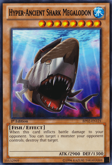 The "Hyper-Ancient Shark Megalodon" [BP02-EN121] Rare card from the Yu-Gi-Oh! brand vividly depicts a fearsome shark with razor-sharp teeth emerging through the ocean's surface. Set against a tumultuous blue and purple sky, this card is part of the Battle Pack 2: War of the Giants series and is classified as an Effect Monster with ATK/2900 DEF/1300.