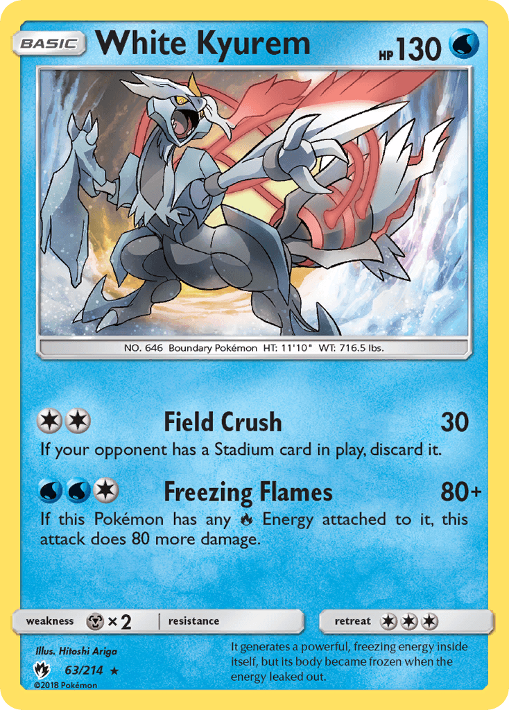 A Holo Rare Pokémon card in the Sun & Moon: Lost Thunder series showcases White Kyurem, a dragon with icy, water-themed features, white scales and blue accents. This card displays HP 130 and offers two attacks: Field Crush and Freezing Flames. At the bottom, it includes details such as its weight, height, illustrator, alongside its card number 63/214.