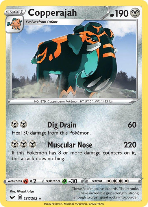 A rare Pokémon card from the Sword & Shield series, featuring Copperajah (137/202) (GameStop Exclusive) (Blister Exclusive) [Sword & Shield: Base Set], a Metal-type Copperderm Pokémon. It evolves from Cufant and boasts 190 HP. Its attacks include Dig Drain, healing 30 damage, and Muscular Nose, dealing 220 damage but failing with 8 or more damage counters. Weak to Fire and resistant to Grass, it needs 4 energy to retreat.

Brand Name: Pokémon