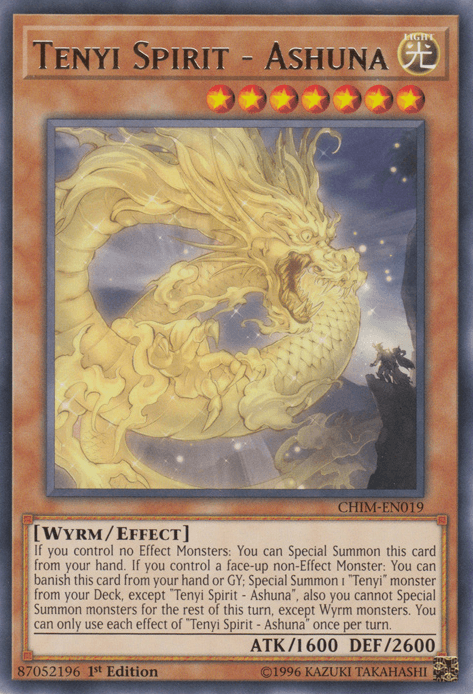 A Yu-Gi-Oh! card titled "Tenyi Spirit - Ashuna [CHIM-EN019] Rare." This Effect Monster card from the Chaos Impact set features a majestic, radiant golden dragon with glowing eyes, surrounded by sparkling stars. The dragon is coiled and emanates an ethereal aura. It boasts 1600 ATK and 2600 DEF with specific summoning conditions.