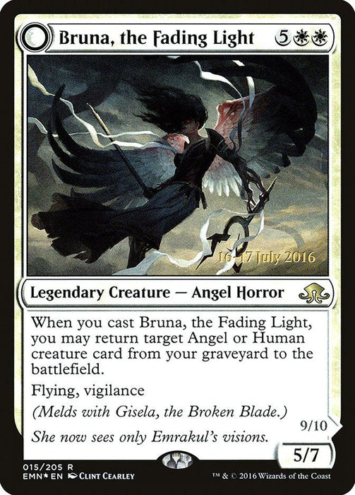 A Magic: The Gathering card titled "Bruna, the Fading Light [Eldritch Moon Prerelease Promos]" from Eldritch Moon. The illustration features a dark, ghostly angel horror with tattered wings and flowing black robes. As a legendary creature, its casting cost is 5 white/white. Additional details include text, artist credit, set info, and power/toughness of 5/7.