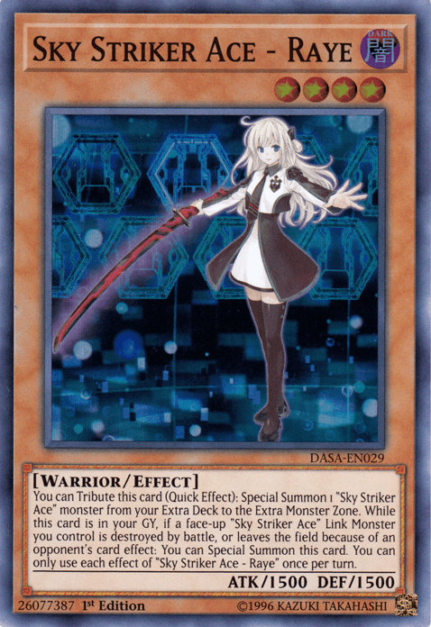 The Yu-Gi-Oh! Super Rare card "Sky Striker Ace - Raye [DASA-EN029]" showcases a white-haired female warrior dressed in a short white dress with black accents, wielding a red plasma sword. As an Effect Monster, the card text elaborates on summoning effects and conditions. It has an ATK of 1500 and a DEF of 1500.