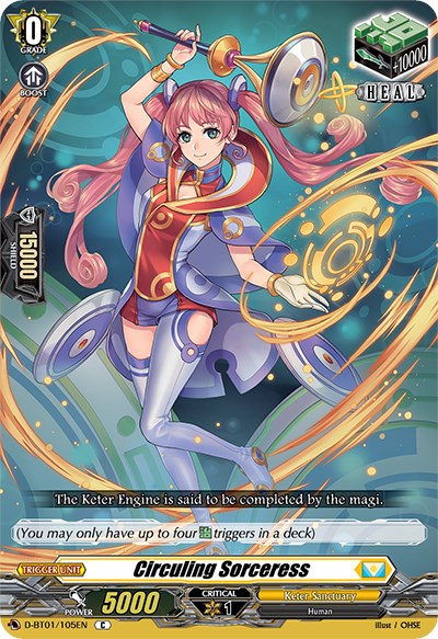 A vibrant trading card from Bushiroad's "Genesis of the Five Greats" collection, featuring a character named "Circuling Sorceress (D-BT01/105EN)," showcases a sorceress with pink hair tied into buns, dressed in a futuristic blue and white robe as she performs magic with glowing symbols. The card boasts stats like Power 5000 and Critical 1.