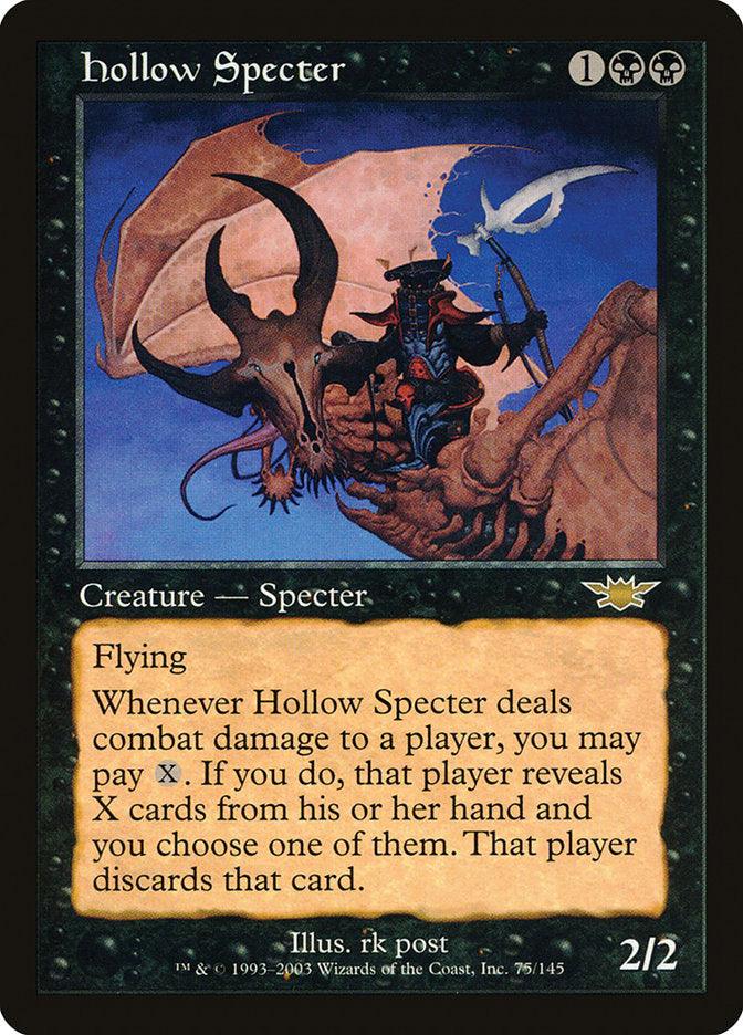 The Magic: The Gathering card "Hollow Specter [Legions]" showcases a grotesque, skeletal Creature with wings soaring against a dark, eerie backdrop. This Rare card requires 1 colorless mana and 2 black mana to cast and possesses a power/toughness of 2/2. Its abilities include flying and a special discard effect.