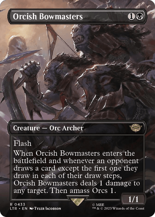 The image is a Magic: The Gathering card titled "Orcish Bowmasters (Borderless Alternate Art) [The Lord of the Rings: Tales of Middle-Earth]." It has a black border and showcases Creature — Orc Archers with arrows drawn, seemingly in a dark, chaotic environment. The card costs 1 colorless and 1 black mana, has the Flash ability, and a power/toughness of 1/1. Text describes its abilities.