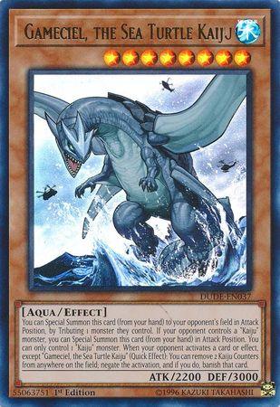 A Yu-Gi-Oh! trading card featuring "Gameciel, the Sea Turtle Kaiju [DUDE-EN037] Ultra Rare" from Duel Devastator. The card showcases a large, blue, dragon-like sea creature with a turtle shell, spiked tail, and sharp claws. Boasting ATK 2200 and DEF 3000, its text details special abilities and summoning conditions.