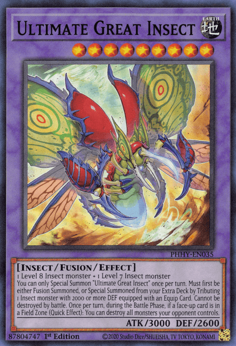 Image of the Yu-Gi-Oh! trading card "Ultimate Great Insect [PHHY-EN035] Super Rare." This Super Rare Fusion/Effect Monster features an elaborate insect creature with green and yellow wings, red eyes, and extraterrestrial markings. It boasts an ATK of 3000 and DEF of 2600. The card border is purple, indicating its Fusion status.